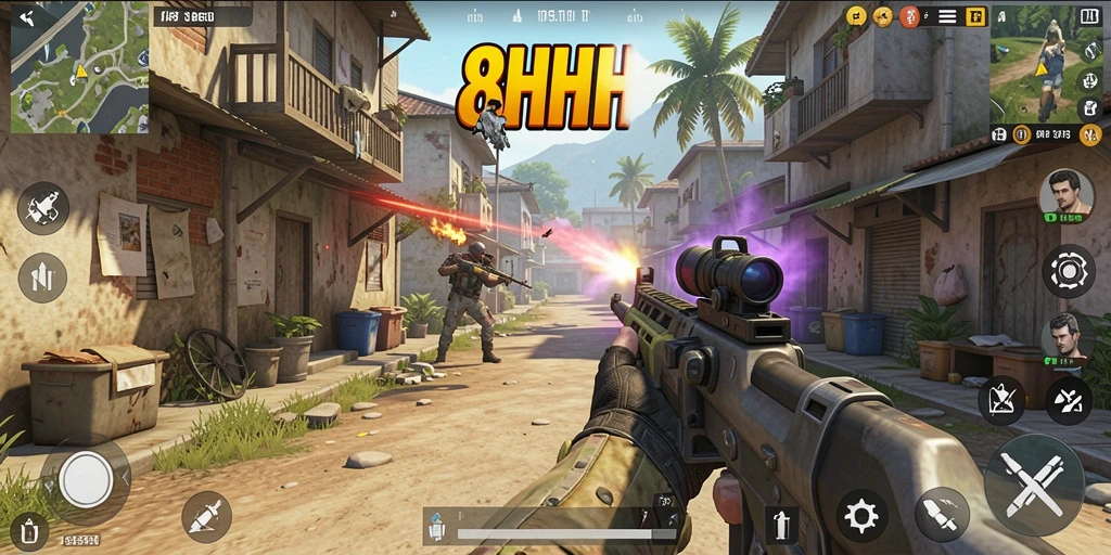 Tampilan gameplay seru dari 8HHH dengan aksi pertarungan yang mendebarkan.