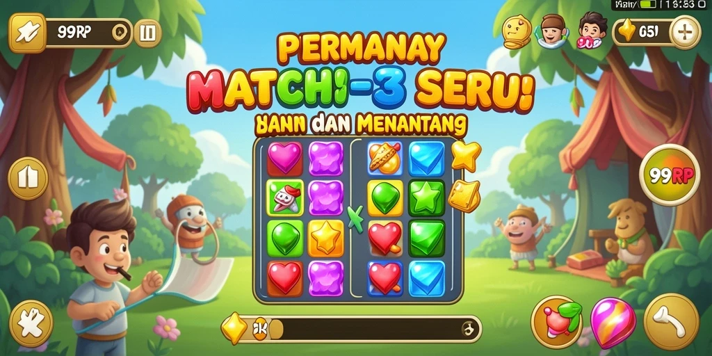 Screenshot gameplay 99RP yang menampilkan permainan Match-3 yang menarik.