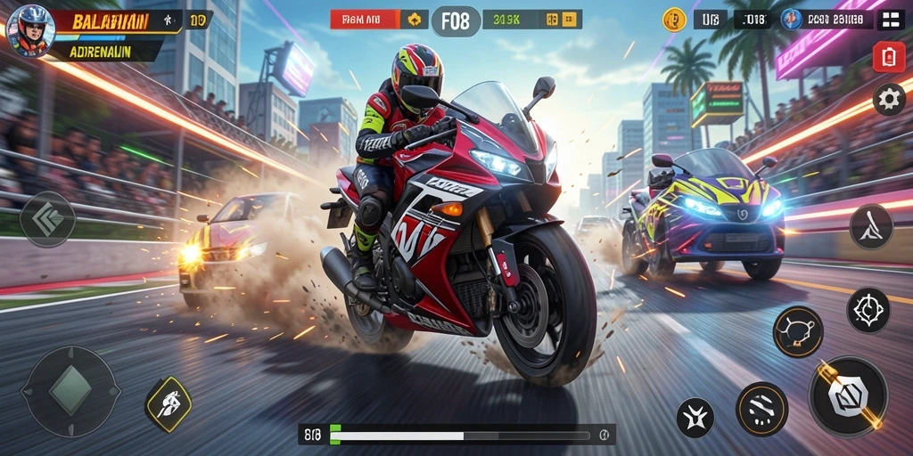 Gameplay seru F08 dengan motor balap yang cepat.