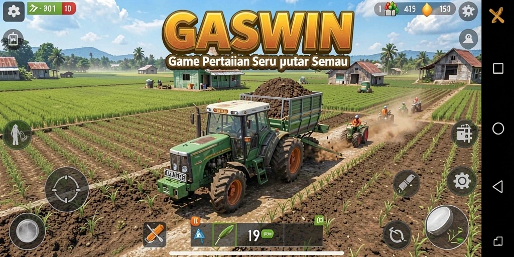 Tangkapan layar utama GASWIN yang menampilkan keseruan gameplay pertanian.