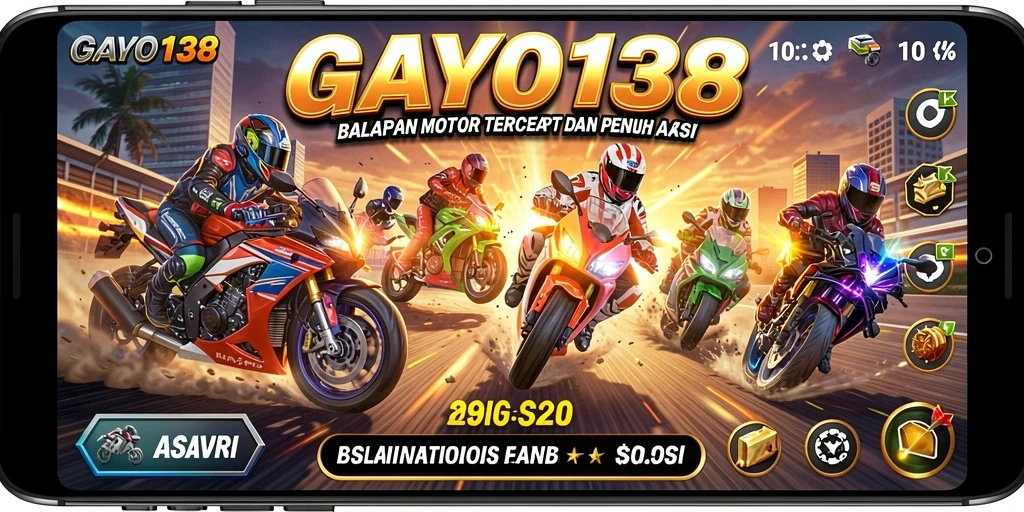 Screenshot GAYO138 menampilkan aksi balapan motor yang mendebarkan.