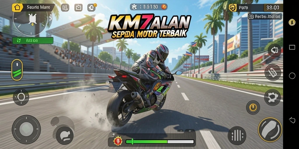 Tampilan gameplay seru KM777 dengan motor balap yang cepat.
