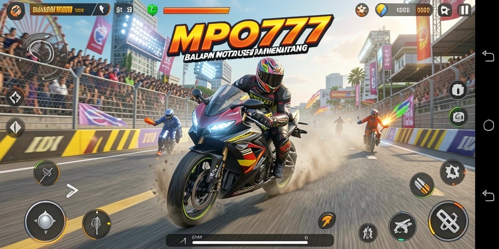Screenshot gameplay MPO777 menampilkan aksi balapan motor yang menegangkan.