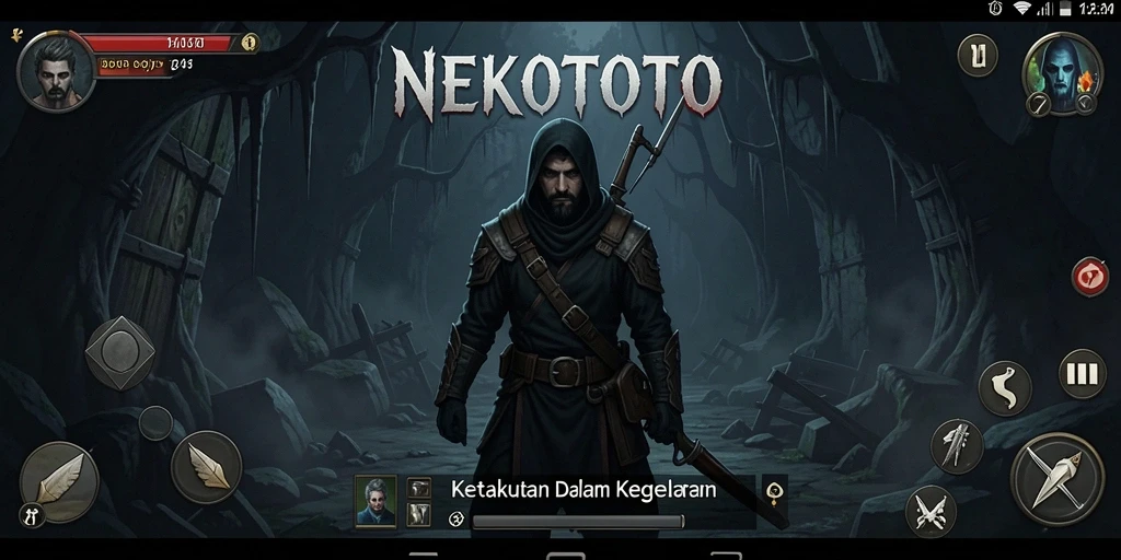 Screenshot gameplay <strong>NEKOTOTO</strong> menunjukkan suasana horor yang mencekam.