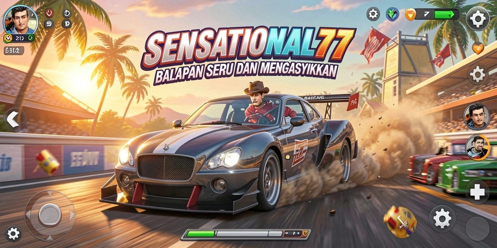 Screenshot gameplay SENSATIONAL77 menampilkan balapan yang mendebarkan.