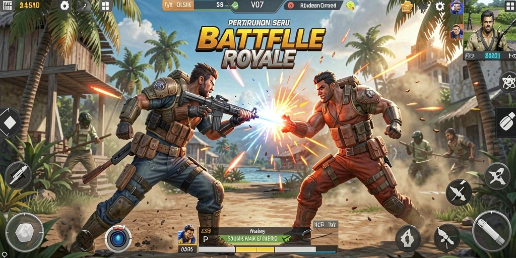 Screenshot gameplay V07 menampilkan pertarungan seru dalam mode Battle Royale.
