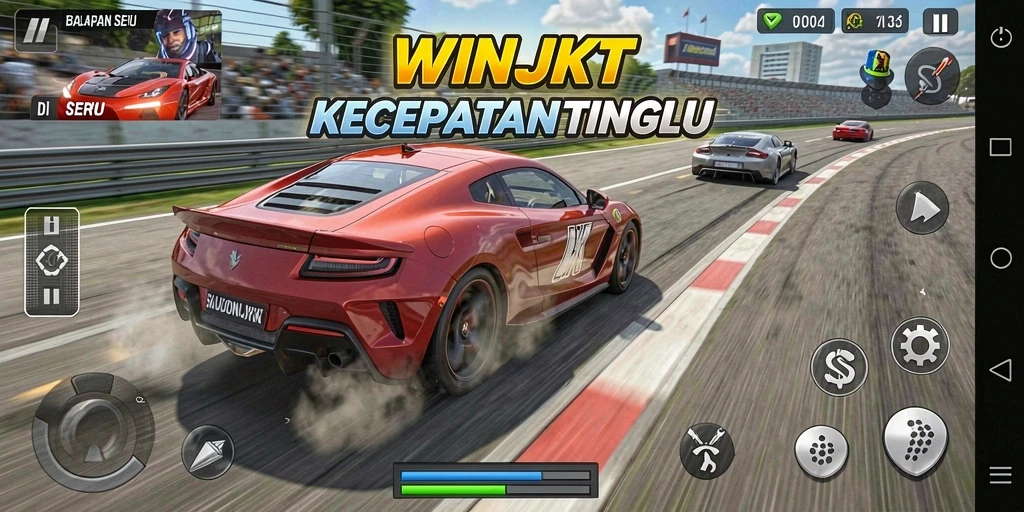Tangkapan layar gameplay WINJKT yang menampilkan mobil balap dalam aksi.